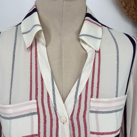 Express Women's Fortofino Shirt Slim Fit Long Roll Tab Sleeve Cream multi Stripe - Picture 5 of 14